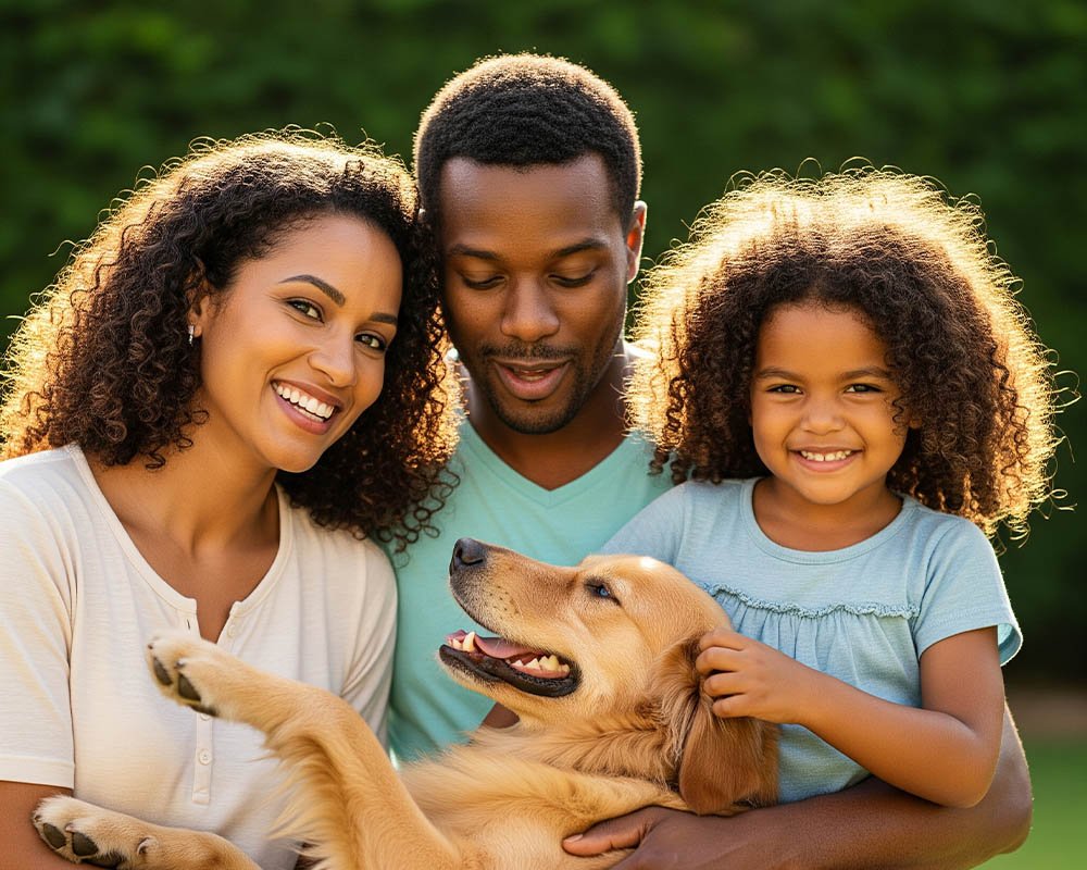 Família feliz abraçando golden retriever no jardim