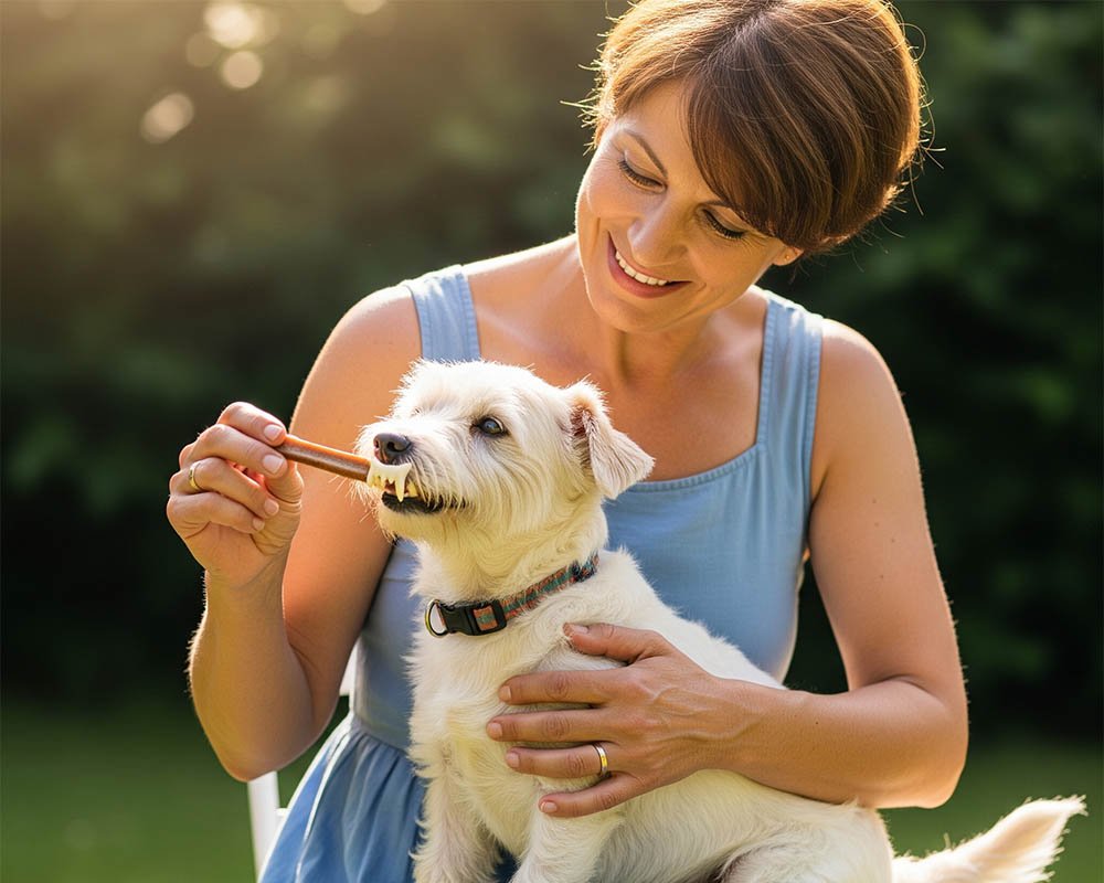 mulher escovando os dentes do seu pet ao ar livre