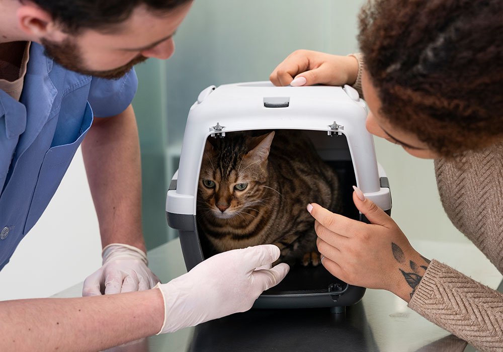 Gato triste dentro da caixa de transporte aguardando a consulta com seu veterinário