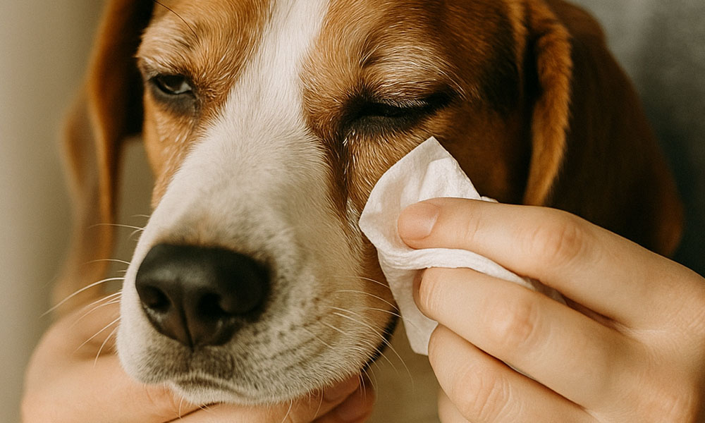 cão com olho lacrimejando